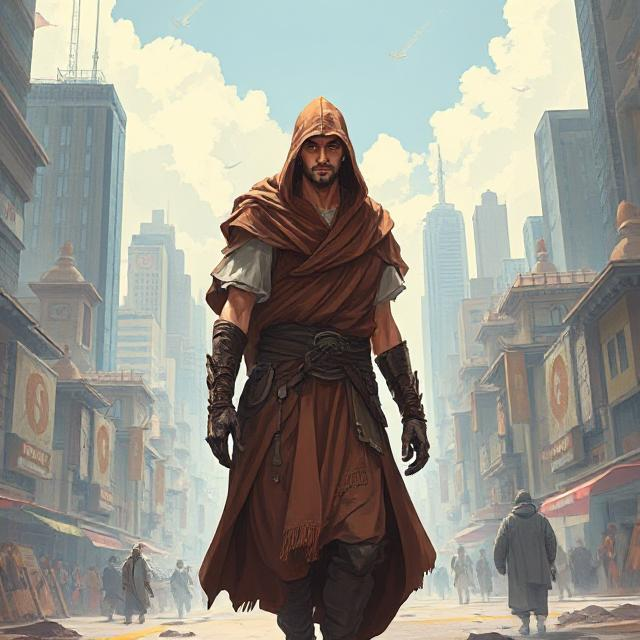 Detailed painting of the player who returned 10000 years later, blending ancient attire with futuristic elements