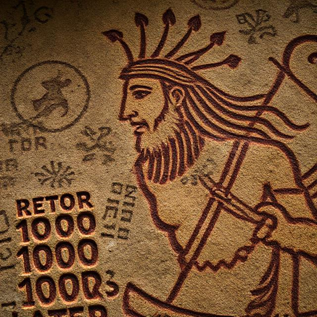Portrait of the mysterious player who returned 10000 years later, depicted with symbolic ancient and modern details