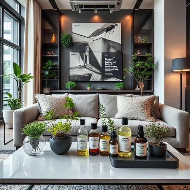 Chic urban apartment with a stylish indoor garden, modern pest control gadgets, and digital screens, showing how to get rid of gnats inside the house with smart solutions.