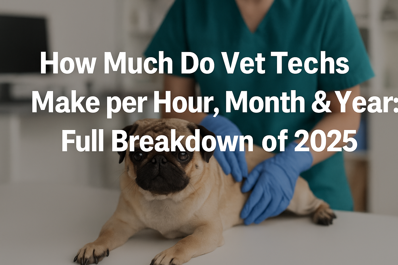 A digital graphic showing the text “How Much Do Vet Techs Make per Hour, Month & Year: Full Breakdown of 2025” with a veterinary theme in the background.