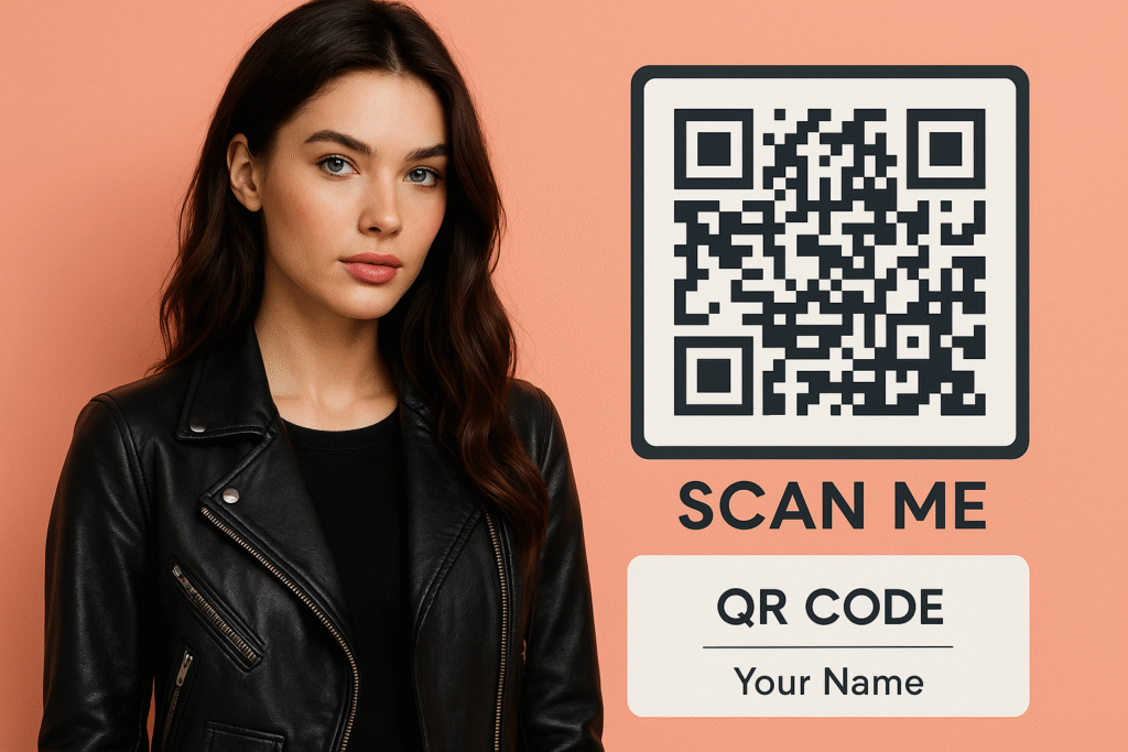 Trendy young woman in black leather jacket with vibrant colorful background and bold QR code labeled 'Scan Me' – ideal for digital marketing, QR promotions, and interactive branding.