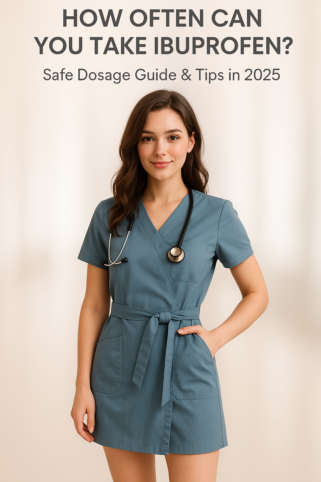 A young female doctor in a white coat holding a bottle of ibuprofen pills, with text overlay: “How Often Can You Take Ibuprofen? Safe Dosage Guide & Tips in 2025