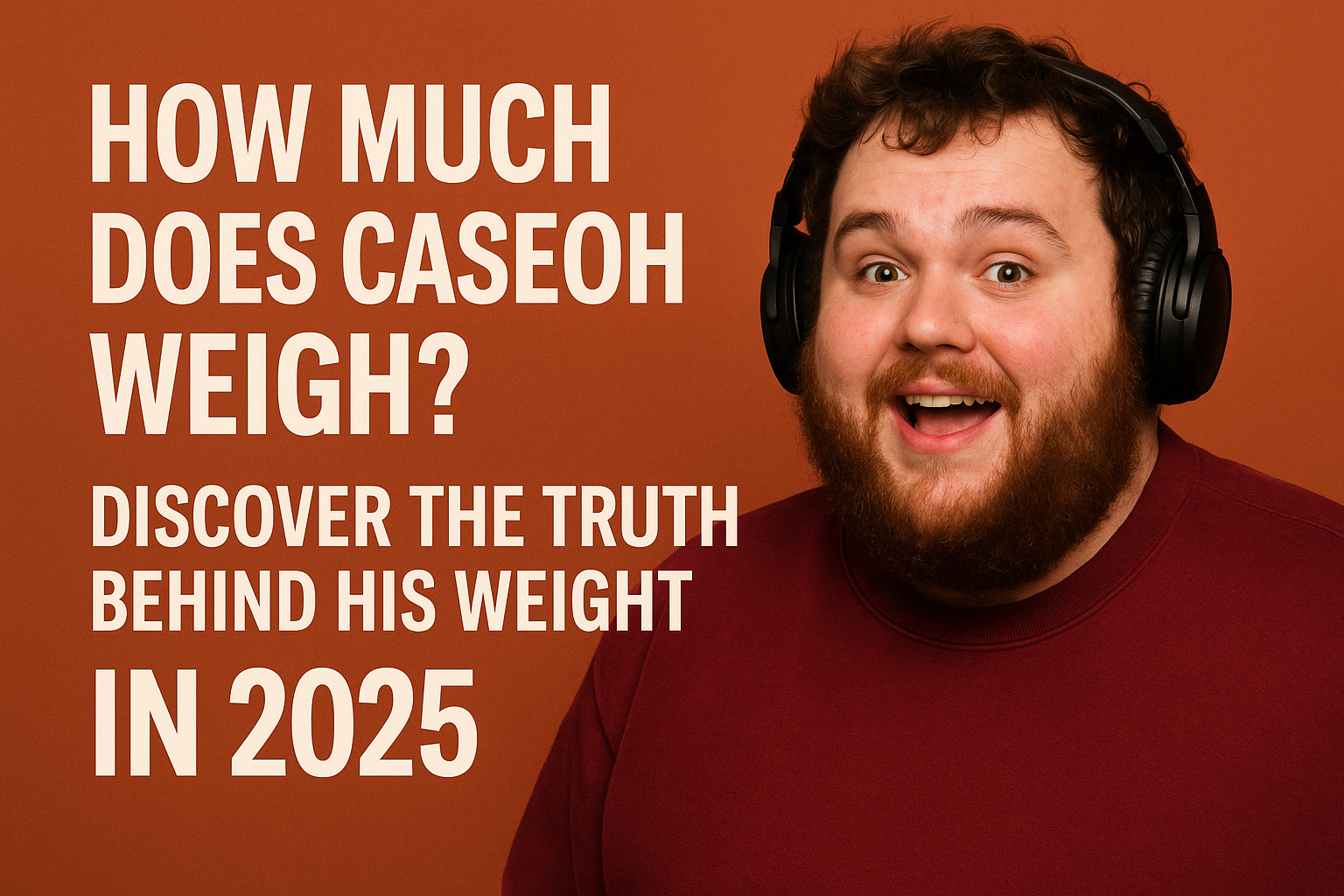 Caseoh smiling while wearing headphones on a warm-toned background, feature image for blog titled “How Much Does Caseoh Weigh? Discover the Truth Behind His Weight in 2025