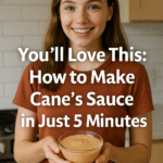 A smiling young woman in a rust t-shirt and denim shorts holding a bowl of homemade Cane’s sauce in a bright kitchen with the text "You’ll Love This: How to Make Cane’s Sauce in Just 5 Minutes" overlayed.
