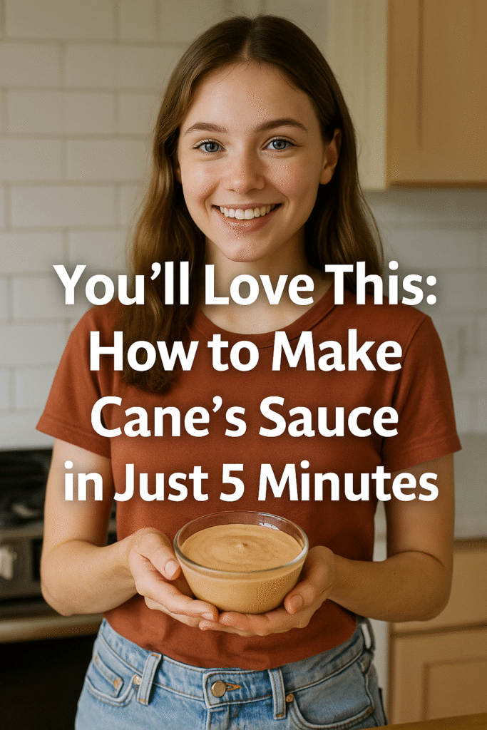 A smiling young woman in a rust t-shirt and denim shorts holding a bowl of homemade Cane’s sauce in a bright kitchen with the text "You’ll Love This: How to Make Cane’s Sauce in Just 5 Minutes" overlayed.