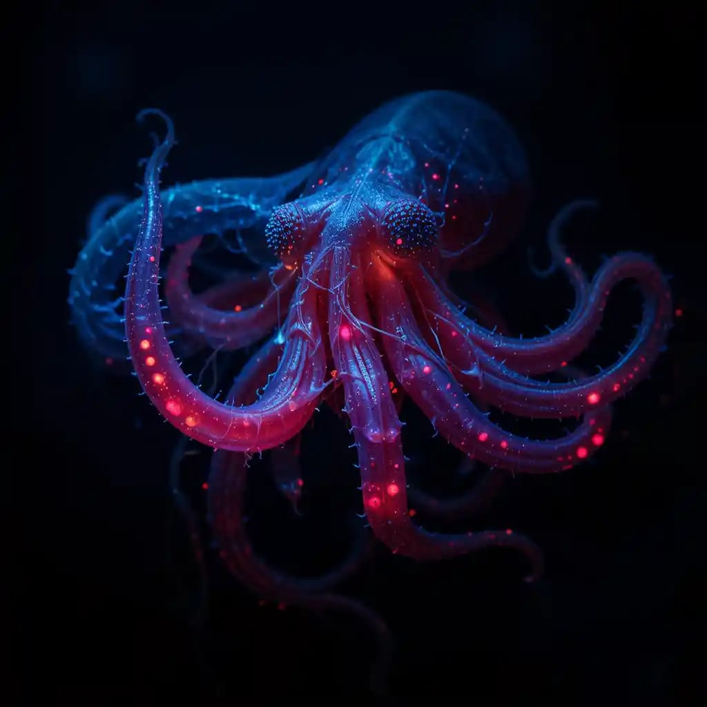 Real vampire squid in deep ocean with glowing tentacles - metaphor for Wall Street extraction