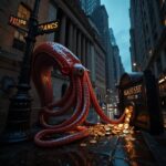 Real vampire squid camouflaged on Wall Street skyscraper extracting gold coins from vault - visual metaphor for financial parasitism
