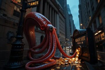 Real vampire squid camouflaged on Wall Street skyscraper extracting gold coins from vault - visual metaphor for financial parasitism