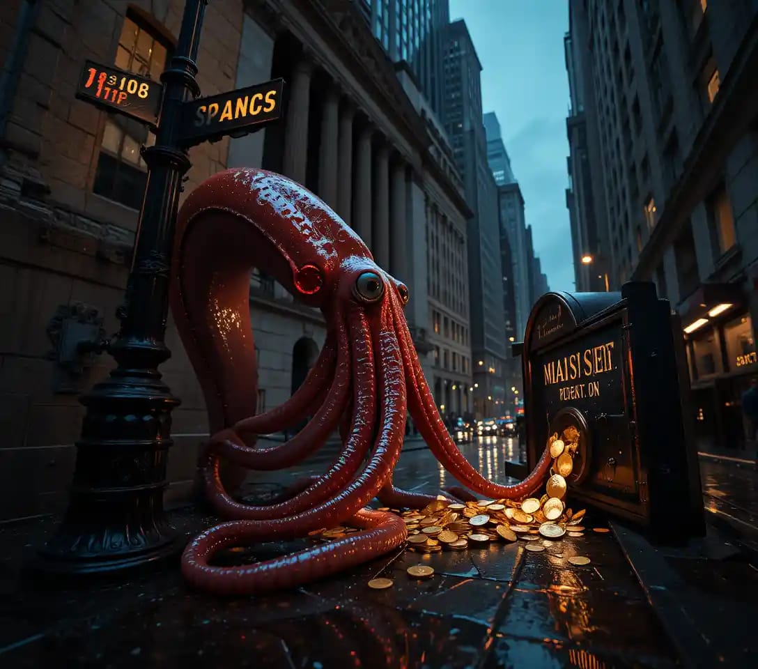 Real vampire squid camouflaged on Wall Street skyscraper extracting gold coins from vault - visual metaphor for financial parasitism