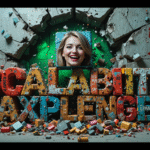 Collapse porn: Colorful 'no-code automation tools' blocks labeled ZAPIER/MAKE/AIRTABLE shattering concrete titled 'Scalability Challenges Exposed'. Karen's grinning block-face smashes through rotting foundations. Glitched 'ERROR 418' graffiti. Sickly green dystopian glow. Promises crumbling