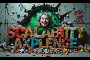 Collapse porn: Colorful 'no-code automation tools' blocks labeled ZAPIER/MAKE/AIRTABLE shattering concrete titled 'Scalability Challenges Exposed'. Karen's grinning block-face smashes through rotting foundations. Glitched 'ERROR 418' graffiti. Sickly green dystopian glow. Promises crumbling