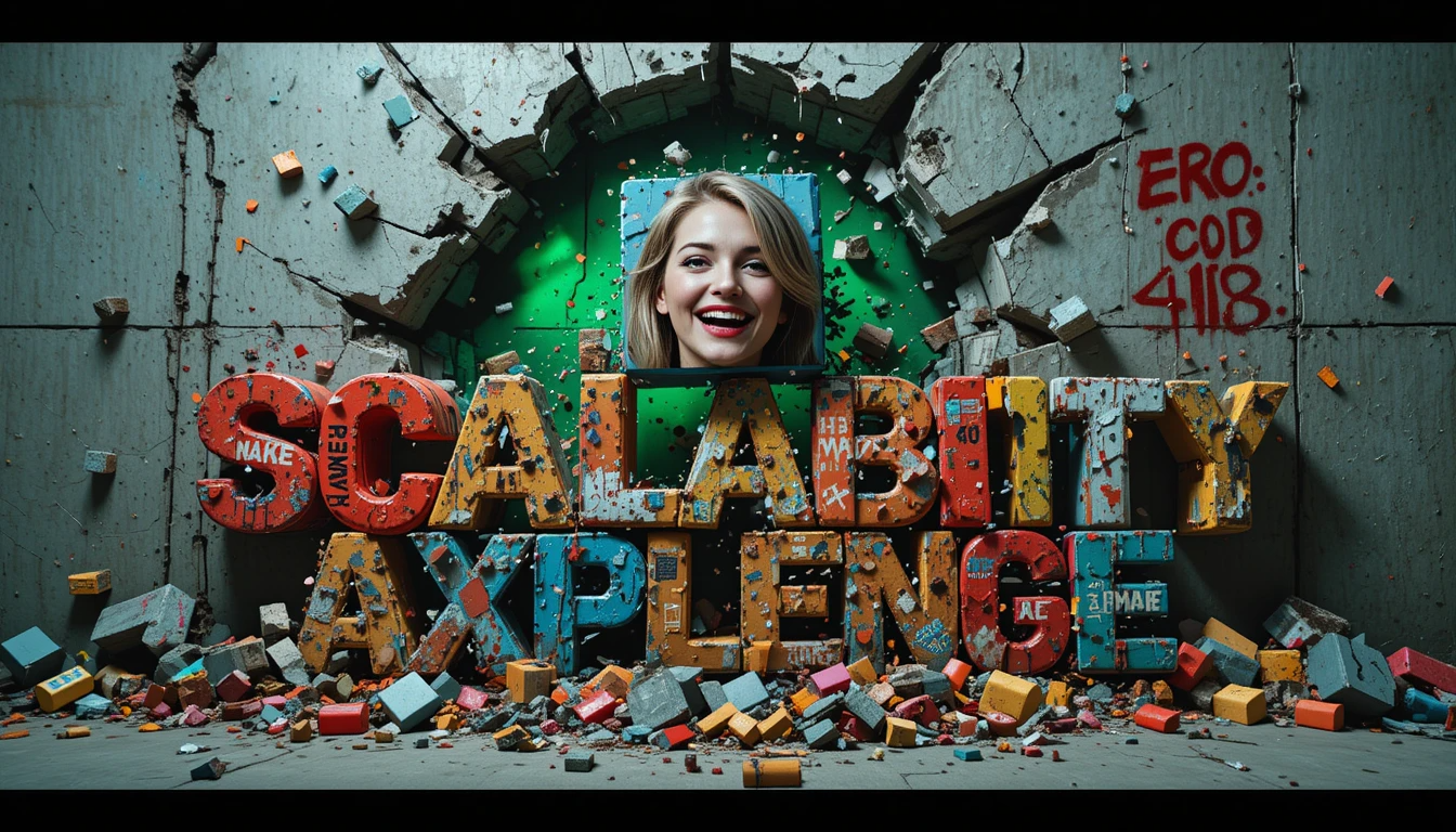 Collapse porn: Colorful 'no-code automation tools' blocks labeled ZAPIER/MAKE/AIRTABLE shattering concrete titled 'Scalability Challenges Exposed'. Karen's grinning block-face smashes through rotting foundations. Glitched 'ERROR 418' graffiti. Sickly green dystopian glow. Promises crumbling