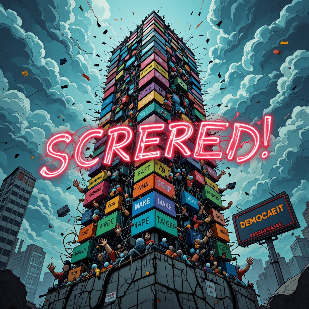 Collapsing tower of branded no-code blocks (Zapier, Make, Airtable) shattering concrete under 'SCALABILITY CHALLENGES EXPOSED' title. Glitched 'ERROR 418' graffiti. Karen's block-face grinning as foundations rot. Sickly green dystopian glow. Promises crumbling.
