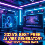 Futuristic digital workspace showing AI video editing tools like Runway and Pika with the blog title “2025’s Best Free AI Video Generators That Don’t Steal Your Data” displayed in glowing cyberpunk font.