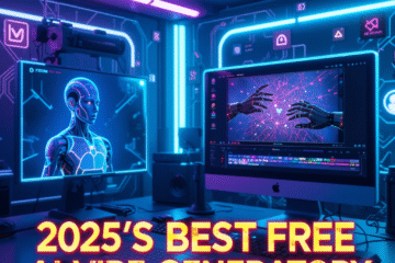 Futuristic digital workspace showing AI video editing tools like Runway and Pika with the blog title “2025’s Best Free AI Video Generators That Don’t Steal Your Data” displayed in glowing cyberpunk font.