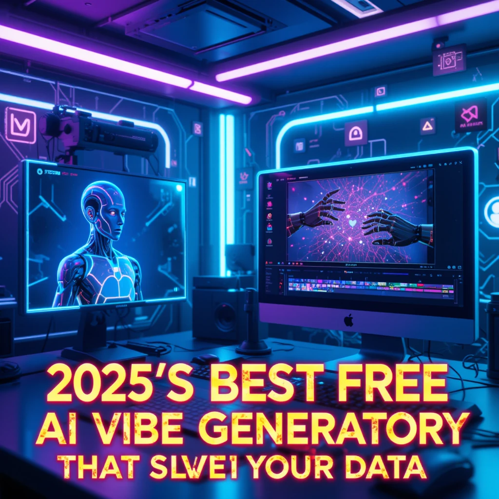 Futuristic digital workspace showing AI video editing tools like Runway and Pika with the blog title “2025’s Best Free AI Video Generators That Don’t Steal Your Data” displayed in glowing cyberpunk font.