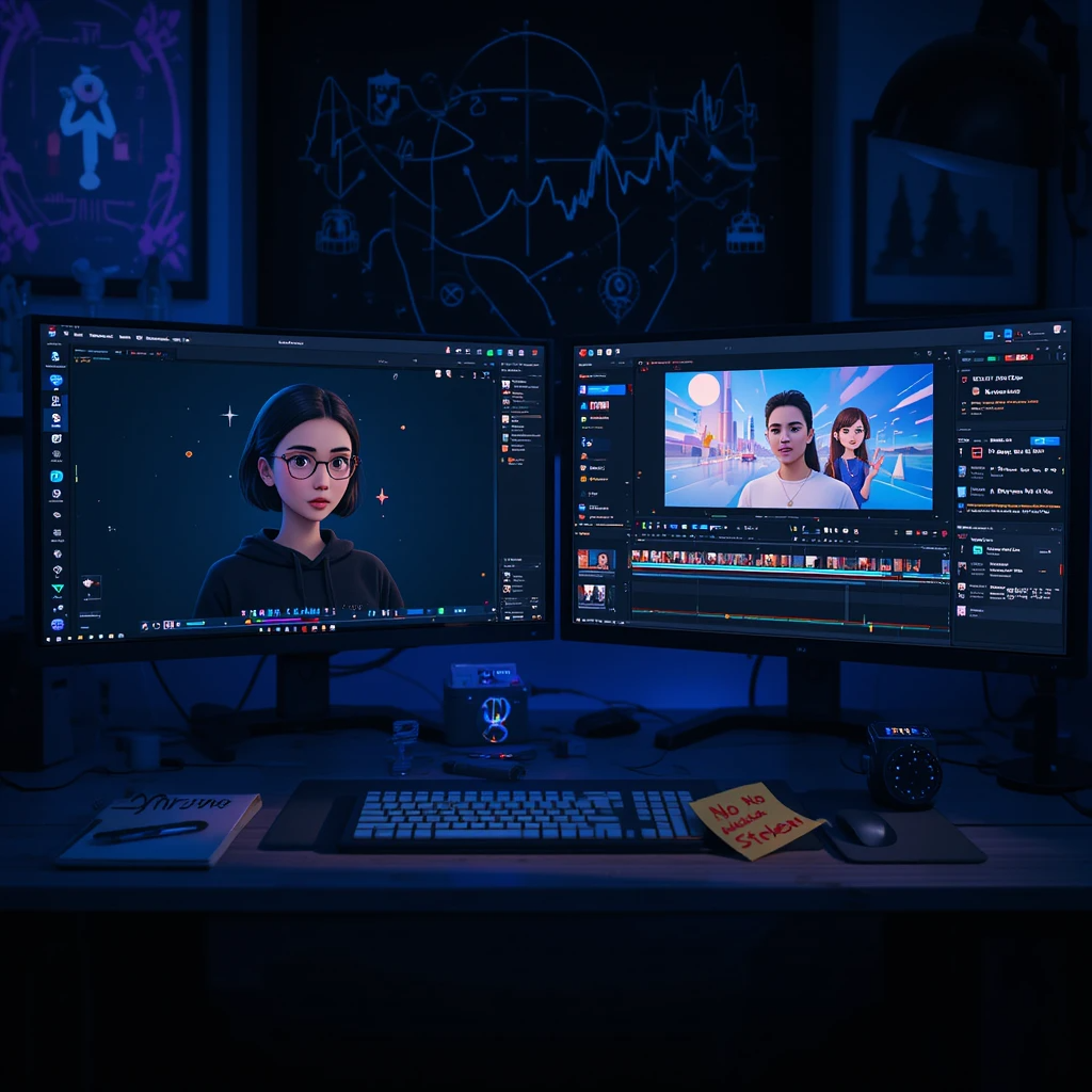 Modern creator’s digital workspace at night featuring secure, free AI video generator tools like Runway and Pika with a focus on data privacy in 2025.