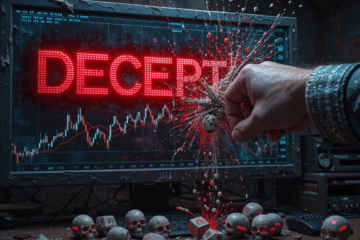 TrendPulseHub expose: Manipulated forex trade analyzer chart. Squid tentacles crush golden bull as broker skull-dice bleed "RSI OVERSOLD" lies.