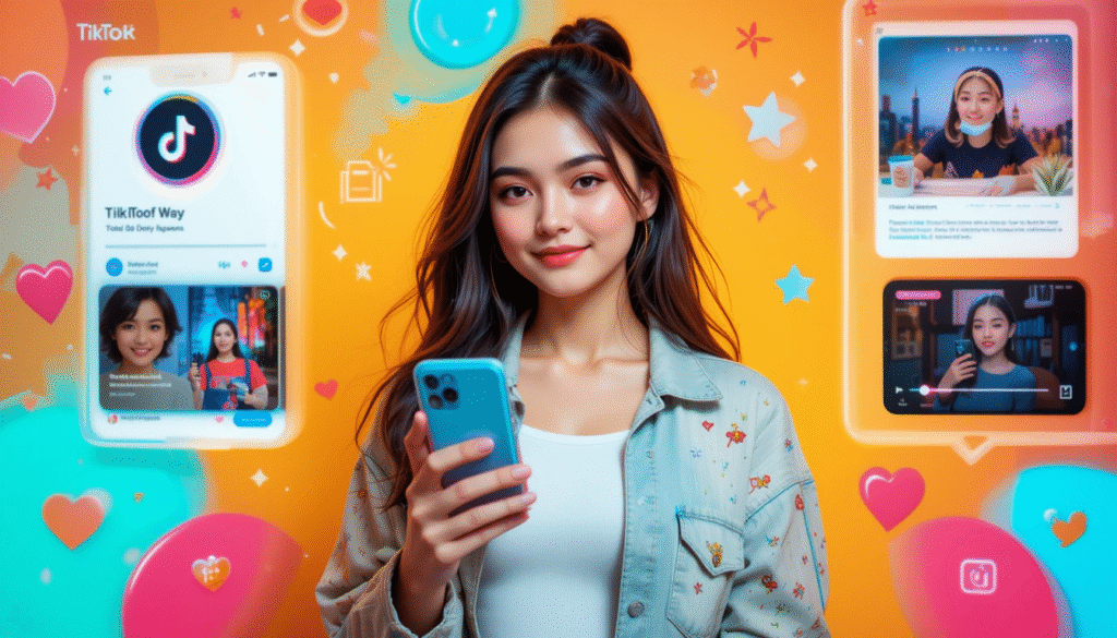 Attractive young woman using TikTok video downloader tool on smartphone, with no watermark and HD icons, TikTok logo in background, promoting instant video download.