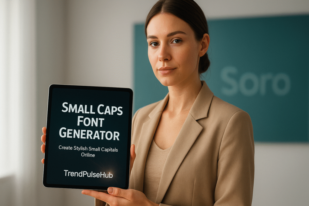 Woman using Small Caps Font Generator tool to convert regular text to elegant small capital letters. Transparent tablet shows 'Your Text → ʏᴏᴜʀ ᴛᴇxᴛ' transformation with floating typography elements. Modern design studio background.