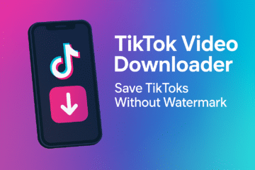 Illustration of a TikTok video downloader showing a smartphone with the TikTok logo and a download arrow, with text ‘TikTok Video Downloader – Save TikToks Without Watermark’ on a gradient background.