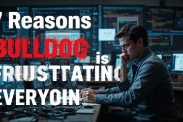 A stressed teacher surrounded by broken laptops and glitchy school software, representing frustration with Bulldog Tech Echo platform. Bold headline text: "7 Reasons Bulldog Tech Echo is Frustrating Everyone