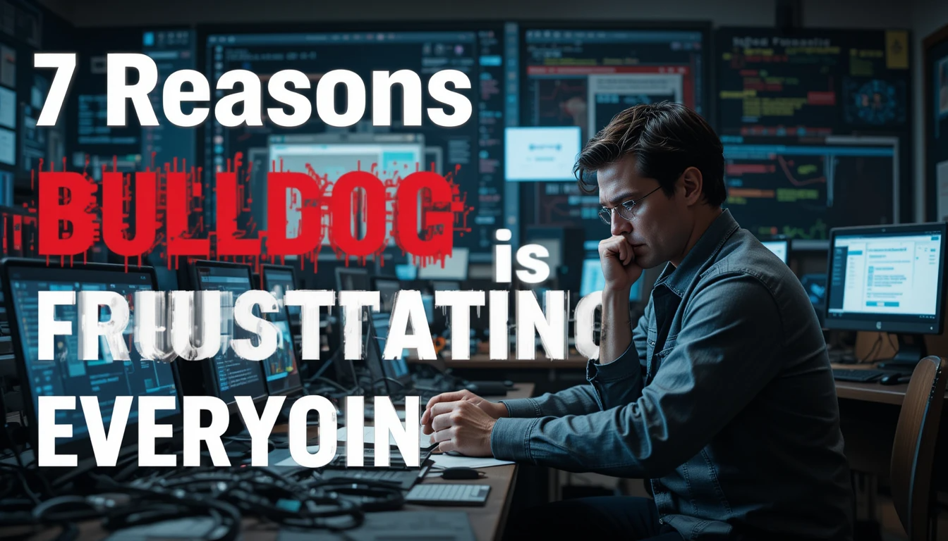 A stressed teacher surrounded by broken laptops and glitchy school software, representing frustration with Bulldog Tech Echo platform. Bold headline text: "7 Reasons Bulldog Tech Echo is Frustrating Everyone