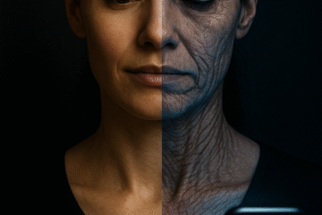 A dramatic split-view portrait comparing flawless skin to severe tech neck wrinkles caused by smartphone use.