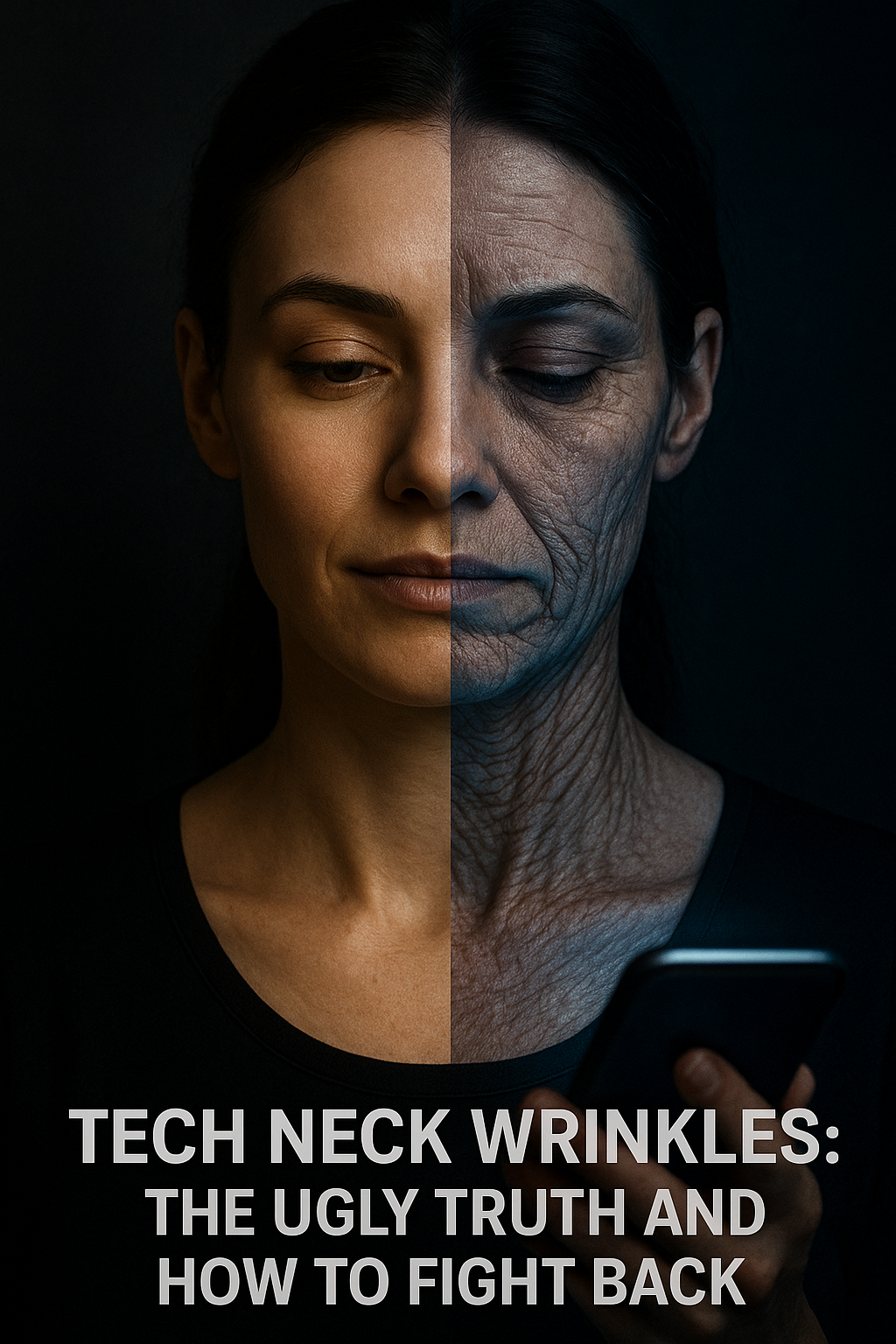 A dramatic split-view portrait comparing flawless skin to severe tech neck wrinkles caused by smartphone use.