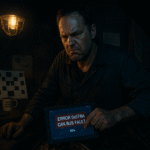 A frustrated, cynical auto mechanic in a greasy garage, staring in exhaustion at a diagnostic tablet displaying a complex error code for advanced auto tech and ADAS calibration on a modern car.