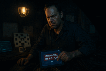 A frustrated, cynical auto mechanic in a greasy garage, staring in exhaustion at a diagnostic tablet displaying a complex error code for advanced auto tech and ADAS calibration on a modern car.