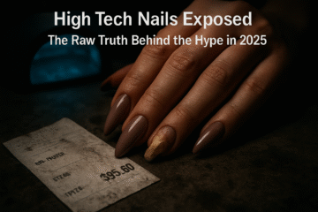 A hyper-realistic close-up of a woman’s hand with glossy dip powder nails, one cracked and exposing yellowed acrylic beneath, resting on a dirty salon counter with a $95 receipt and glowing UV lamp in the background—symbolizing the hidden truth behind high tech nails.