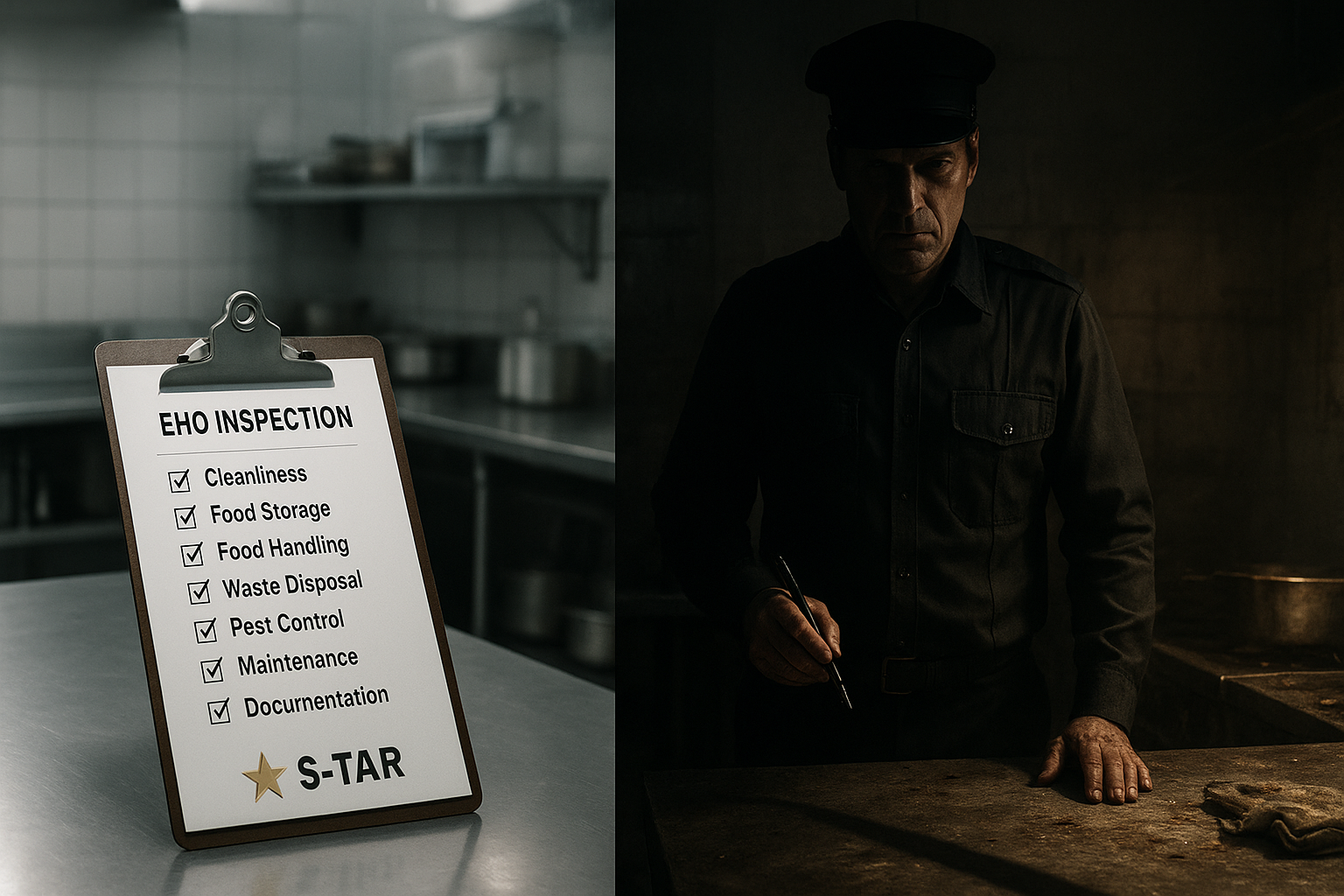 A dramatic split-image showing a pristine 5-star food hygiene rating next to a chaotic kitchen with a shadowy Environmental Health Officer, representing the high stakes of an EHO inspection.